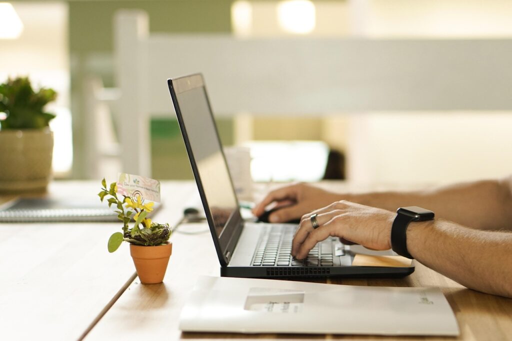 Home online, nature, connection, laptop, plant, workstation, pot, work, table, workspace, technology